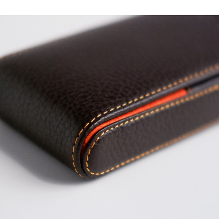 Dark brown Eng Leather Co. 3-pen hard case with durable leather exterior, designed for stylish pen storage and protection.