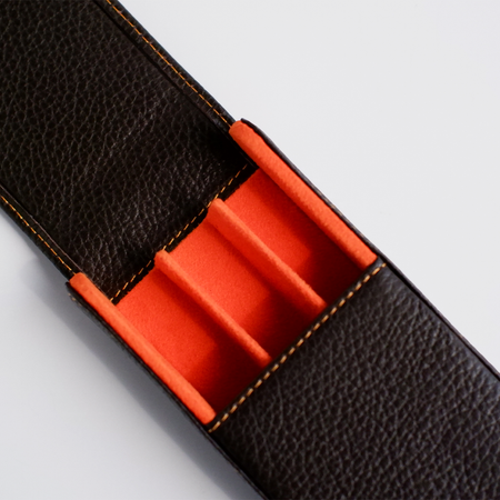 Dark brown Eng Leather Co. 3 pen hard case with sturdy exterior and secure closure, designed for stylish pen storage.