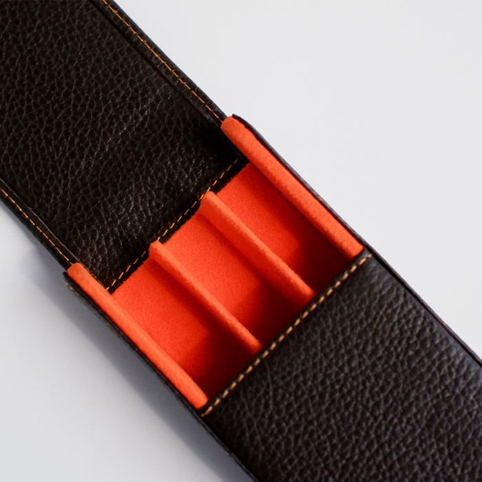 Dark brown Eng Leather Co. 3 pen hard case with sturdy exterior and secure closure, designed for stylish pen storage.