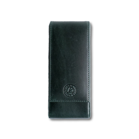 Green leather pen case by Eng Leather Co. with three compartments, designed for storing and protecting writing instruments.