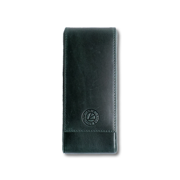 Green leather pen case by Eng Leather Co. with three compartments, designed for storing and protecting writing instruments.