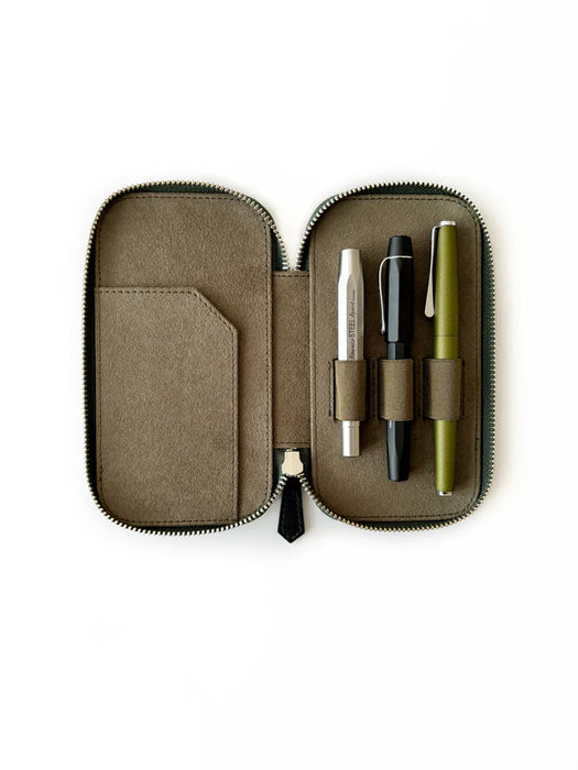 Eng Leather Co. 3-slot leather pen case in Aurora Light olive green, with a sleek, compact design for storing writing instruments.