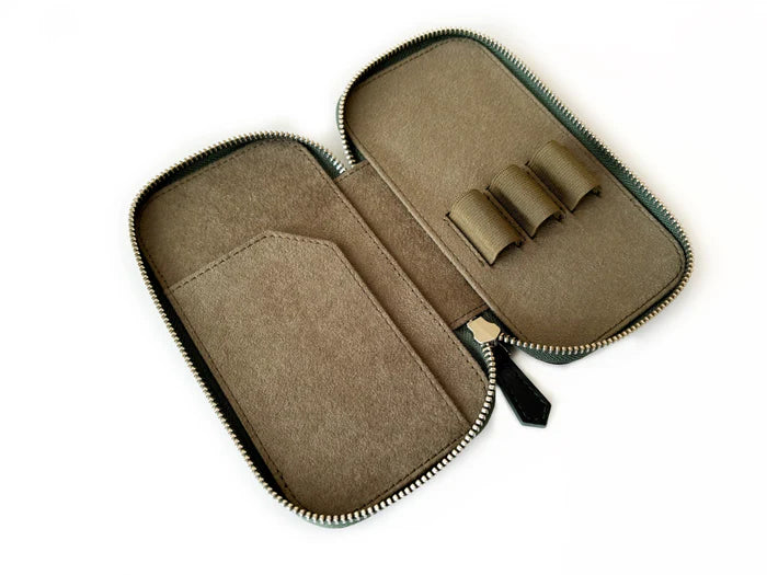 Eng Leather Co. 3-slot leather pen case in Aurora Light olive green with smooth leather finish and compact design.