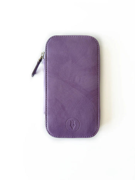 Light lavender leather pen case with three slots from Eng Leather Co., showcasing smooth material and elegant design.