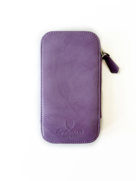 Light lavender leather pen case with three slots by Eng Leather Co., showcasing smooth texture and sleek design.
