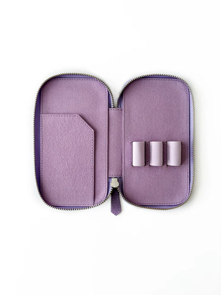 Light lavender leather pen case with three slots by Eng Leather Co., showcasing smooth textured material and elegant craftsmanship.