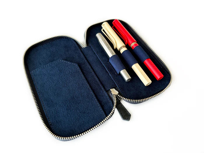 Eng Leather Co. 3-slot leather pen case in Night Storm Blue, showcasing sleek design and smooth leather texture.