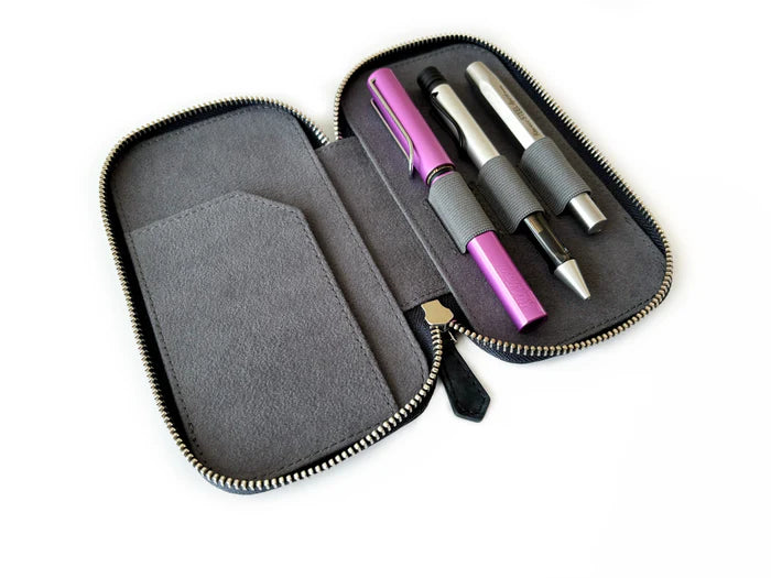 Eng Leather Co. 3-slot leather pen case in Night Storm grey, with visible stitching and sleek design for organizing writing instruments.