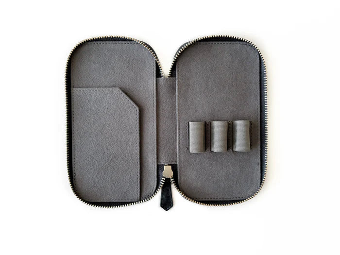 Dark cloud gray leather pen case by Eng Leather Co. with three slots, designed for stylish, organized pen storage.