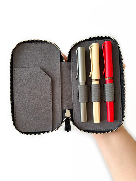 Eng Leather Co. 3-slot leather pen case in Night Storm grey, featuring a sleek design for stylish pen storage.