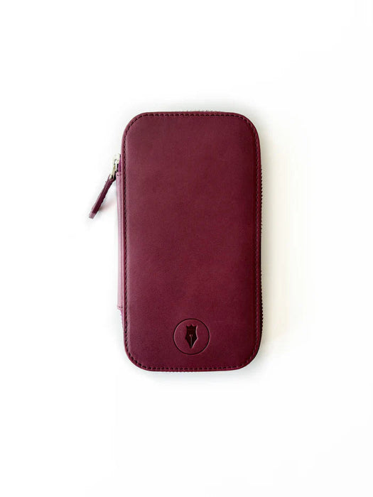 Eng Leather Co. burgundy leather 3-slot pen case with soft finish, designed for stylish storage of writing instruments.
