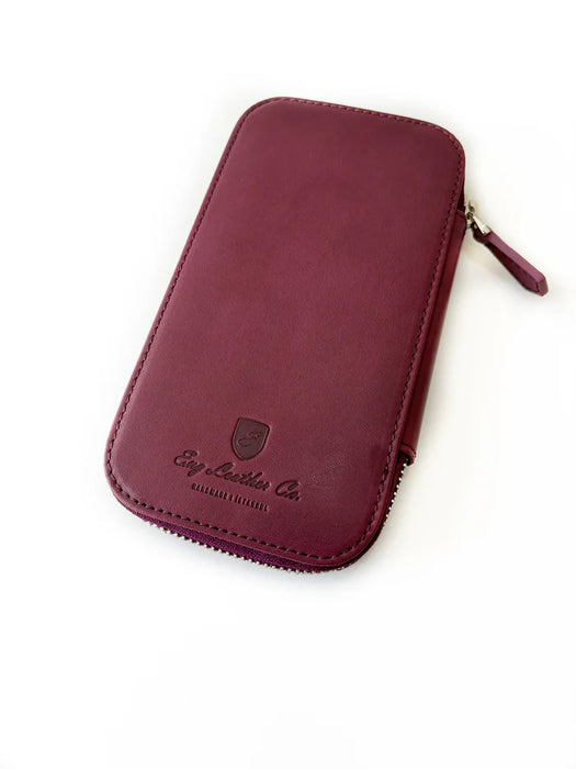 Eng Leather Co. burgundy leather pen case with three slots, designed for stylish organization of writing instruments.