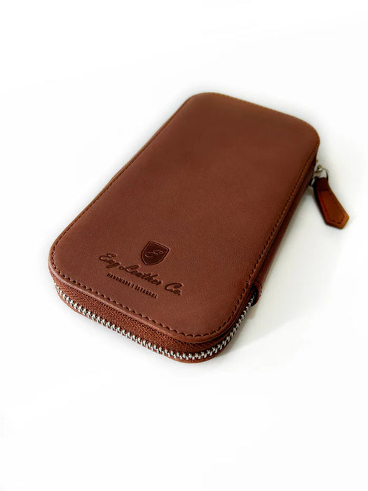 Eng Leather Co. 3-slot leather pen case in rich toffee, showing its smooth leather exterior and organized interior slots.
