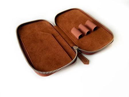 Eng Leather Co. 3-slot leather pen case in toffee color, showing its sleek design and smooth leather texture.