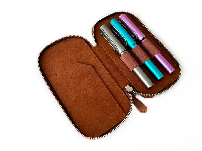 Eng Leather Co. 3-slot leather pen case in rich toffee color with smooth leather finish and precise stitching.