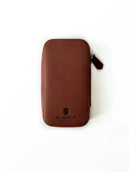 Eng Leather Co. 3-slot leather pen case in toffee color, featuring a sleek, compact design with smooth leather finish.