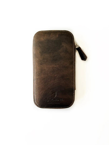 Eng Leather Co. 3-slot leather pen case with a galaxy print design, perfect for organizing multiple pens in style.