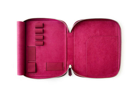 Dark black violet leather pen case with four slots from Eng Leather Co., designed for A5 organizer accessories.