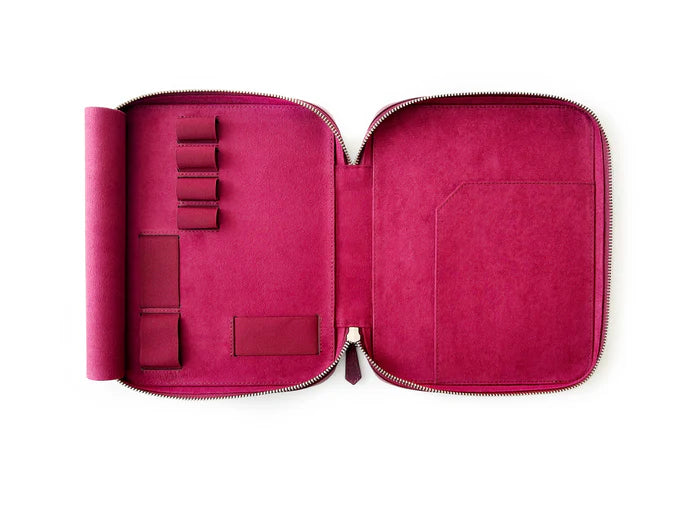 Dark black violet leather pen case with four slots from Eng Leather Co., designed for A5 organizer accessories.