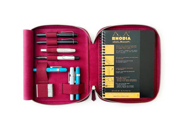 Dark black violet leather pen case by Eng Leather Co. with four slots for A5 size organizers and pens.