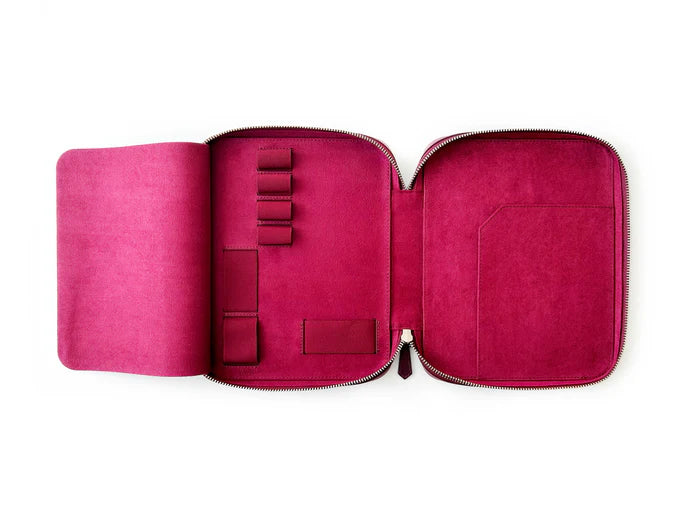 Dark black violet leather pen case with four slots from Eng Leather Co. designed for A5 organizers and writing instruments.