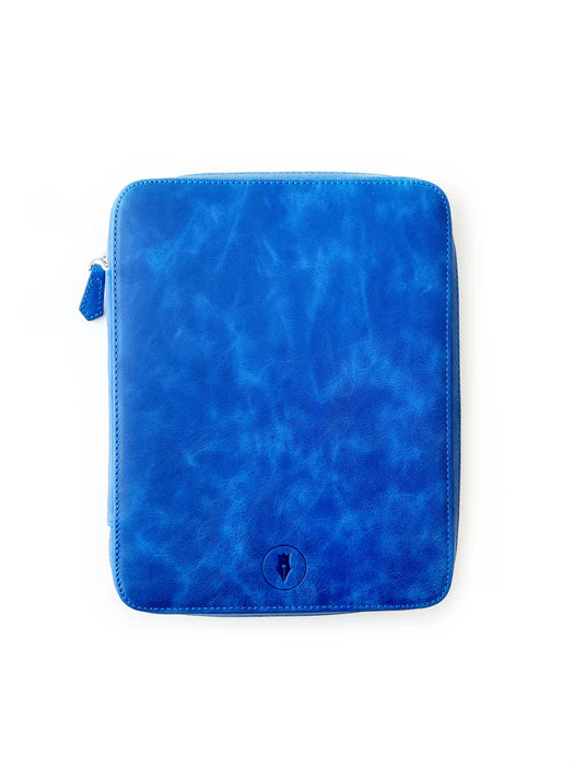Eng Leather Co. Prussian Blue leather pen case with four slots for A5-sized pens and accessories.