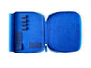 Eng Leather Co. Prussian Blue leather pen case with four slots for A5-sized pens and accessories.