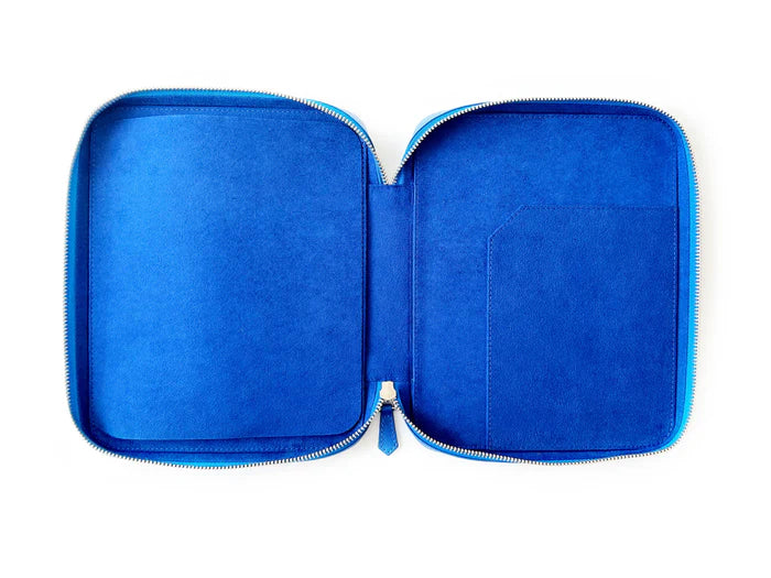Eng Leather Co. Prussian Blue leather pen case with four slots for A5-sized pens, showcasing sleek, durable design.