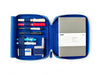 Eng Leather Co. Prussian Blue leather pen case with four slots for A5-sized pens and accessories.