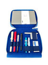 Eng Leather Co. Prussian Blue leather pen case with four slots for A5-sized pens and accessories.
