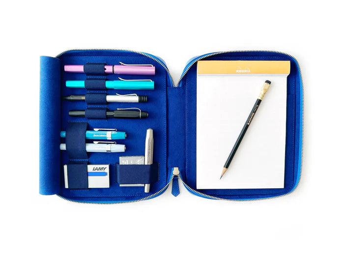 Eng Leather Co. Prussian Blue leather 4-slot A5 organizer pen case showing its sleek design and multiple pen slots.