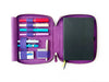 Violet leather pen case with four slots from Eng Leather Co., designed to hold A5-sized pens and accessories.