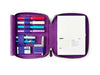Violet leather pen case with four slots from Eng Leather Co., designed to hold A5-sized pens and writing accessories.