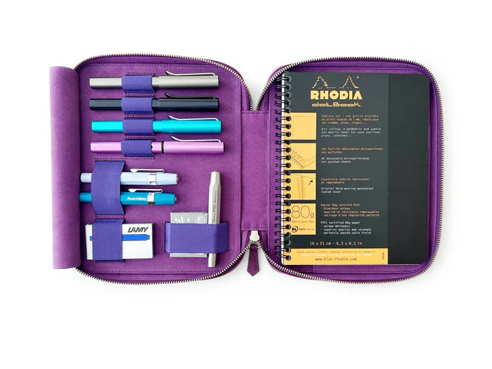 Violet leather pen case with 4 slots from Eng Leather Co., designed to hold A5-sized pens and stationery accessories.