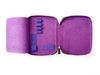 Violet leather pen case by Eng Leather Co. with four slots for A5-sized pens and accessories.