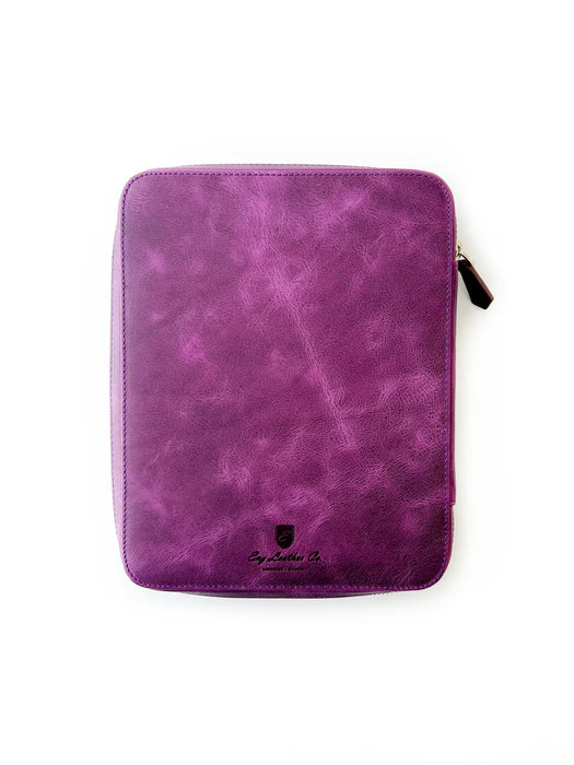 Violet leather pen case with four slots for A5-sized pens, designed by Eng Leather Co., featuring a sleek, compact organizer.