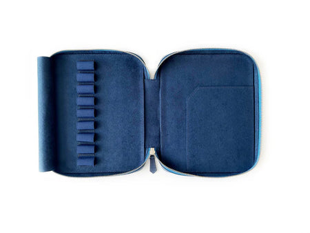 Eng Leather Co. 9-slot leather pen case in midnight blue with sleek design and multiple compartments for pens and writing instruments.
