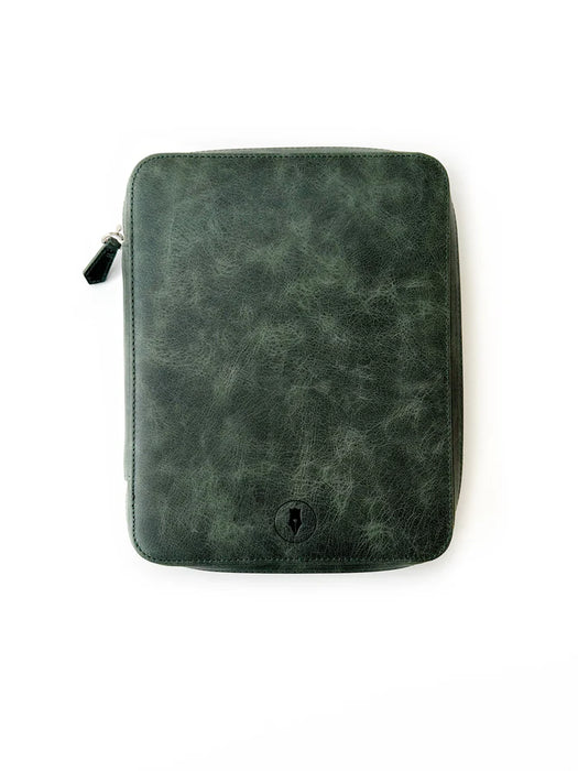 Eng Leather Co. 9-slot leather pen case with patina copper green finish, showcasing a stylish and functional storage for pens.