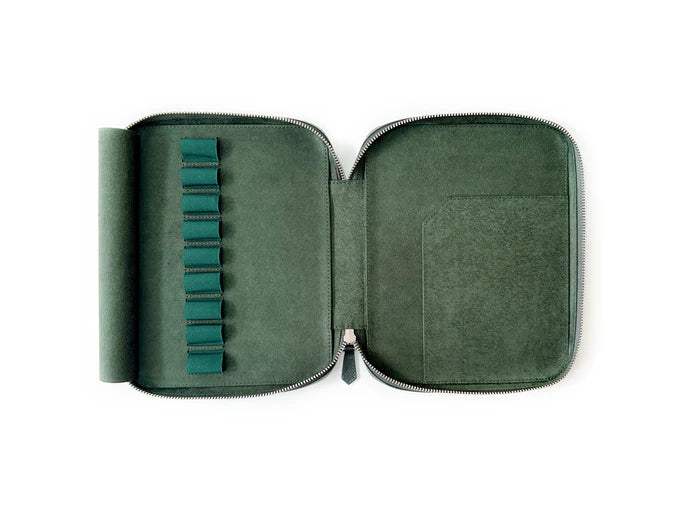 Eng Leather Co. 9-slot leather pen case with patina copper green finish, showcasing a sleek, handcrafted design for organizing pens.