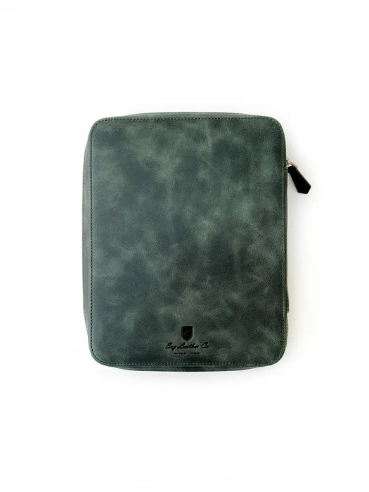 Eng Leather Co. 9-slot leather pen case in patina copper green showing smooth leather texture and multiple pen slots.