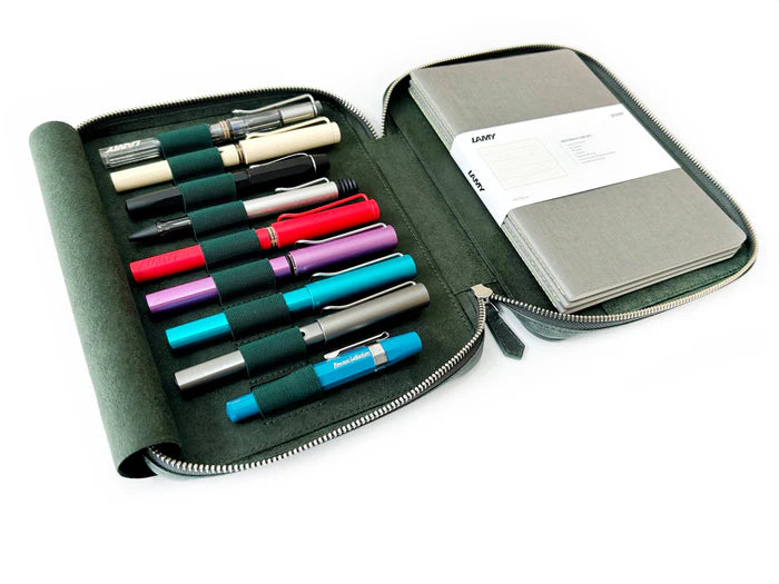 Eng Leather Co. 9-slot leather pen case with patina copper green finish, showcasing a stylish and functional writing accessory.