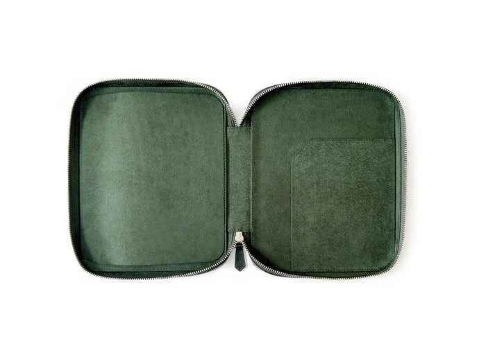 Eng Leather Co. 9-slot leather pen case in patina copper green with a smooth texture and organized compartments for writing instruments.