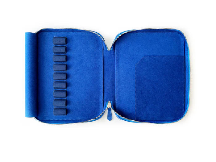 Eng Leather Co. 9-slot leather pen case in Prussian Blue, showcasing a sleek and organized leather storage for pens.