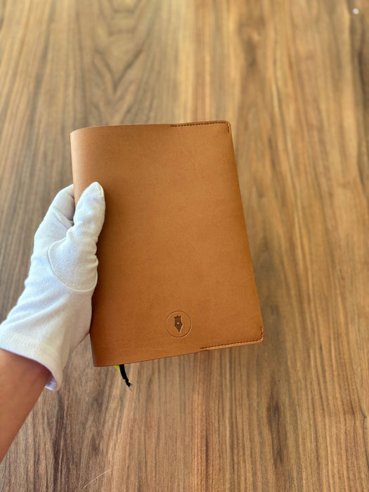 Vegan leather A5 journal cover by Eng Leather Co. in camel Apple leather, designed for A5 size notebooks.