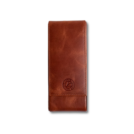 Light brown Eng Leather Co. 3 pen hard case with a sleek, durable leather exterior and secure snap closure.