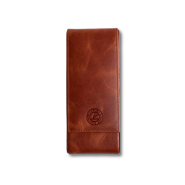 Light brown Eng Leather Co. 3 pen hard case with a sleek, durable leather exterior and secure snap closure.