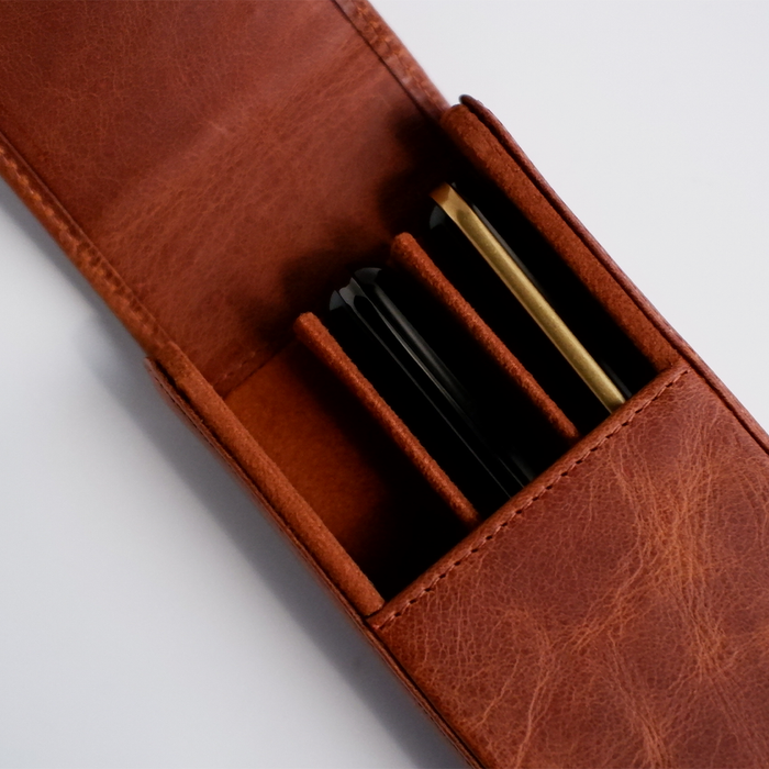 Light brown leather pen case from Eng Leather Co., featuring a 3-pen capacity with a sleek, durable design.