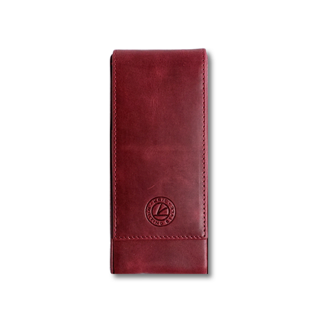 Red leather pen case by Eng Leather Co. with three compartments, stylish and durable for storing pens and writing instruments.