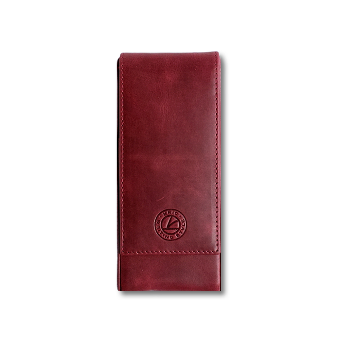 Red leather pen case by Eng Leather Co. with three compartments, stylish and durable for storing pens and writing instruments.