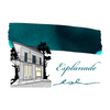 Papier Plume Esplanade fountain pen ink swatch showing deep blue ink color in a glass bottle with ink sample on paper.